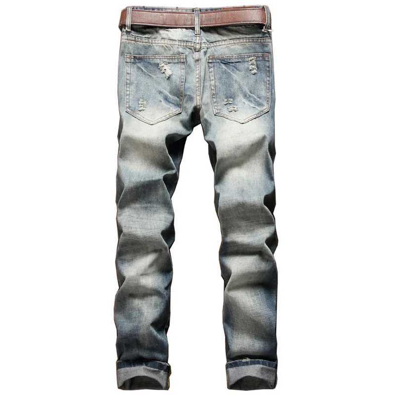 New Mens Hip Hop High Street Motorcycle Jeans Badge Distressed Ripped Denim Trousers Male Non-stretch Straight Slim Fit Jeans X250227