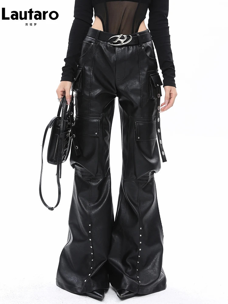 Lautaro Spring Autumn Soft Black Baggy Pu Leather Wide Leg Cargo Pants for Women High Waist y ner Emo American Clothes 250227