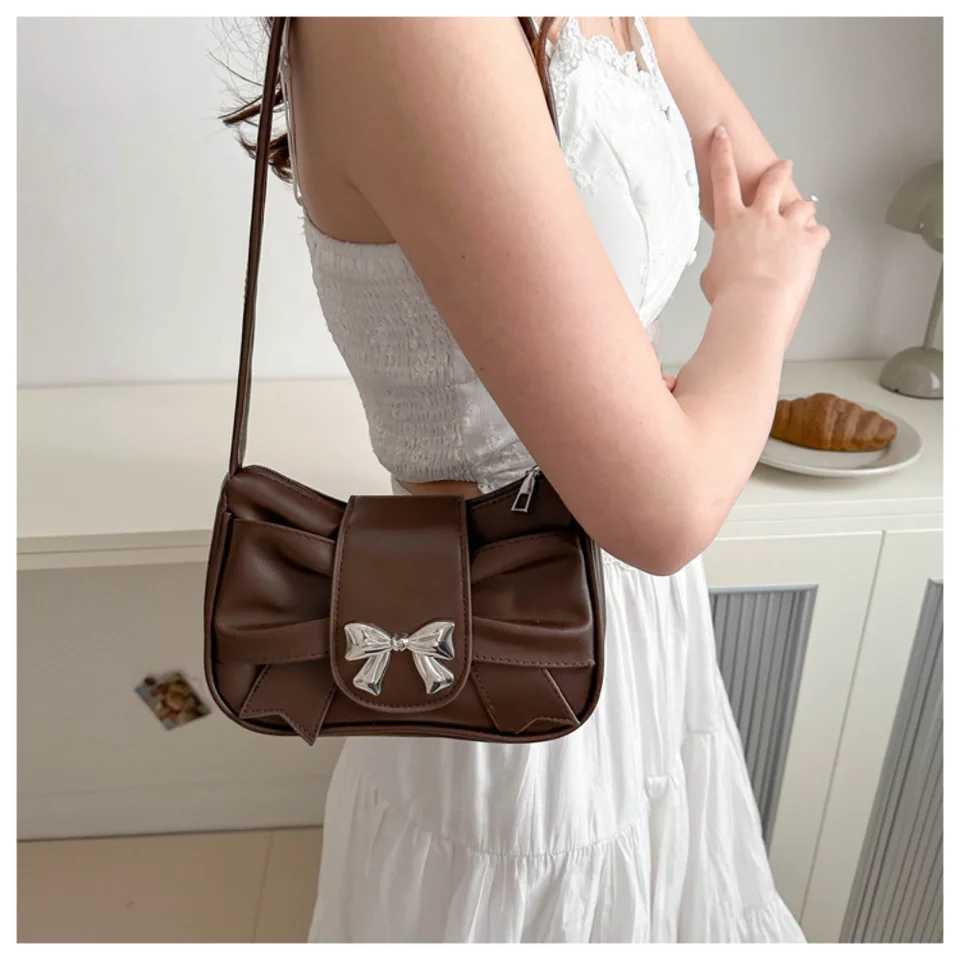 Korean Bow Pleated Shoulder Bag For Women 2024 Spring Summer New Armpit Bag HandbagXJ250227