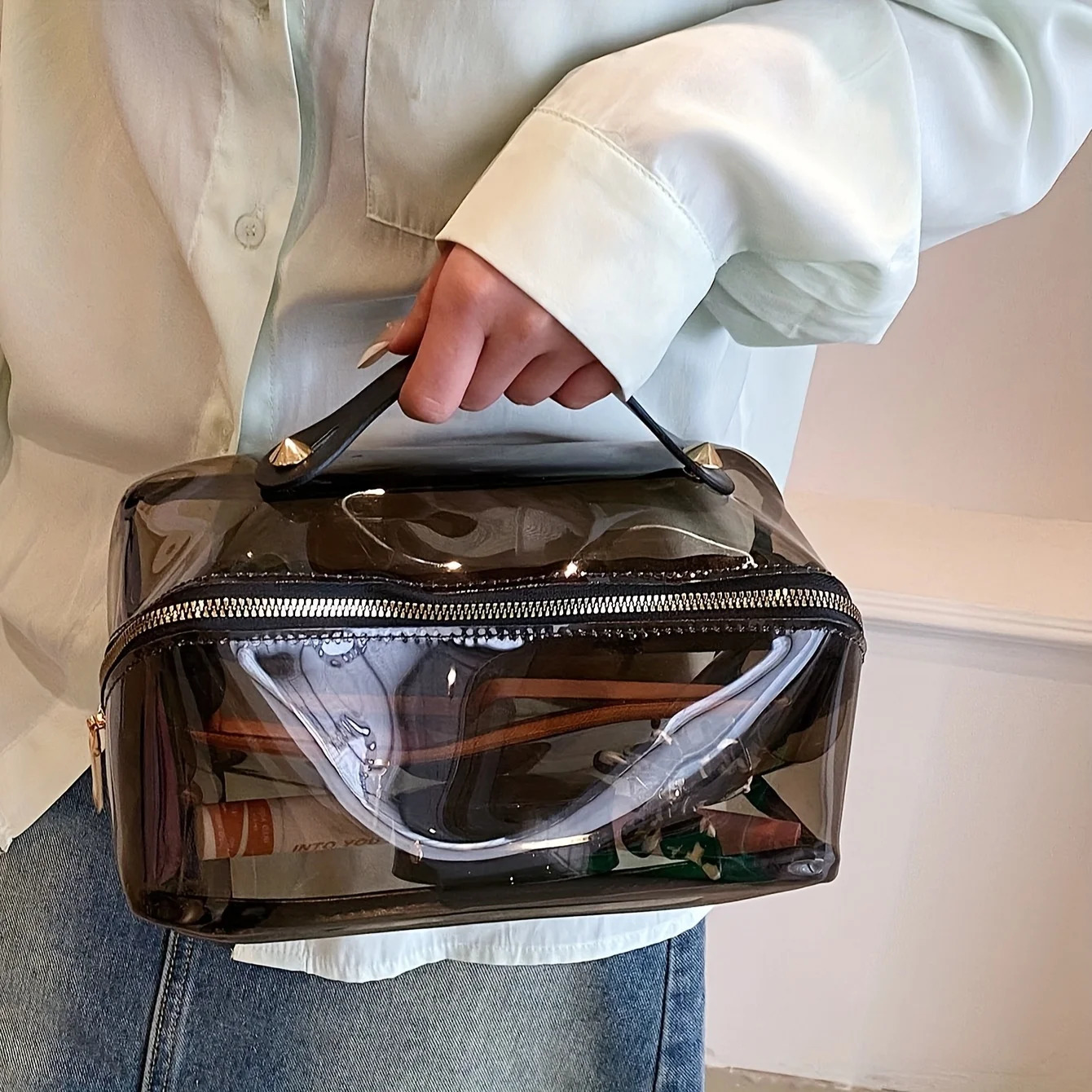 Ship from US Transparent Makeup Bag with Handle Portable Organizer Travel Toilet Box 250227FBB