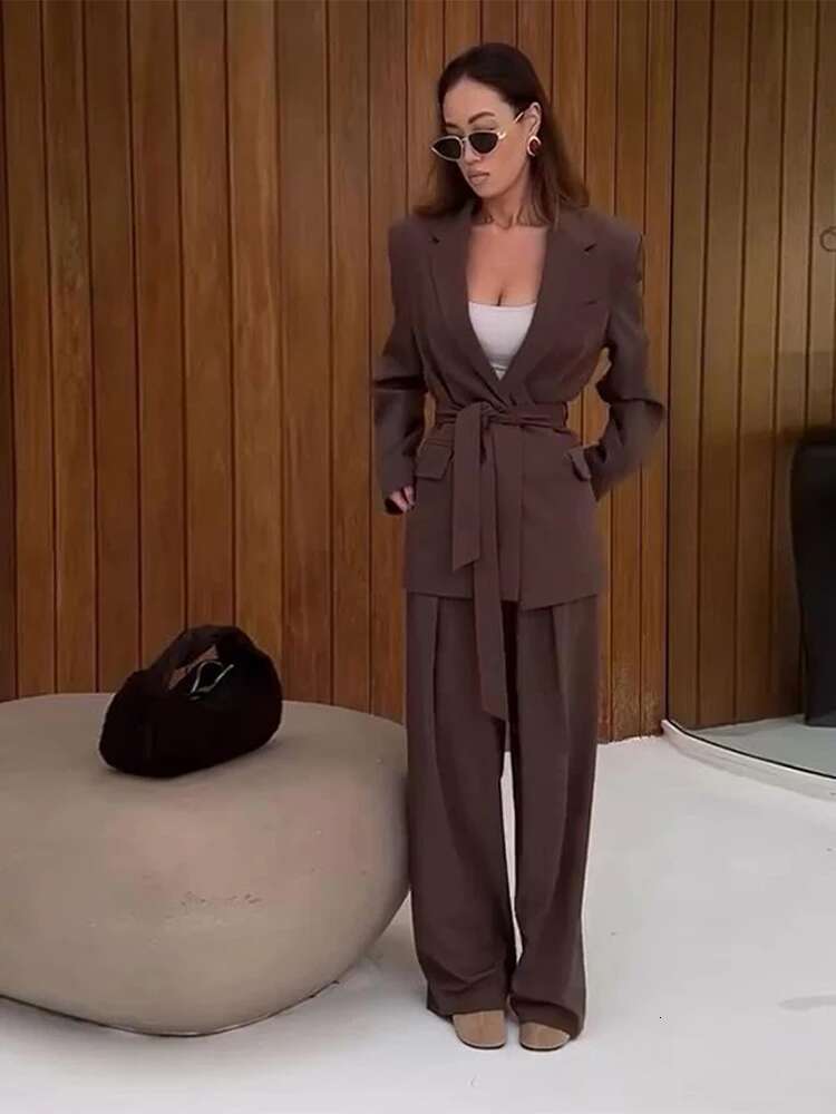 Elegant Office Women's Pant Sets Casual Turn-Down Collar Lace Up Pocket Coat High Waist Long Trousers Spring Lady Suit Commuting