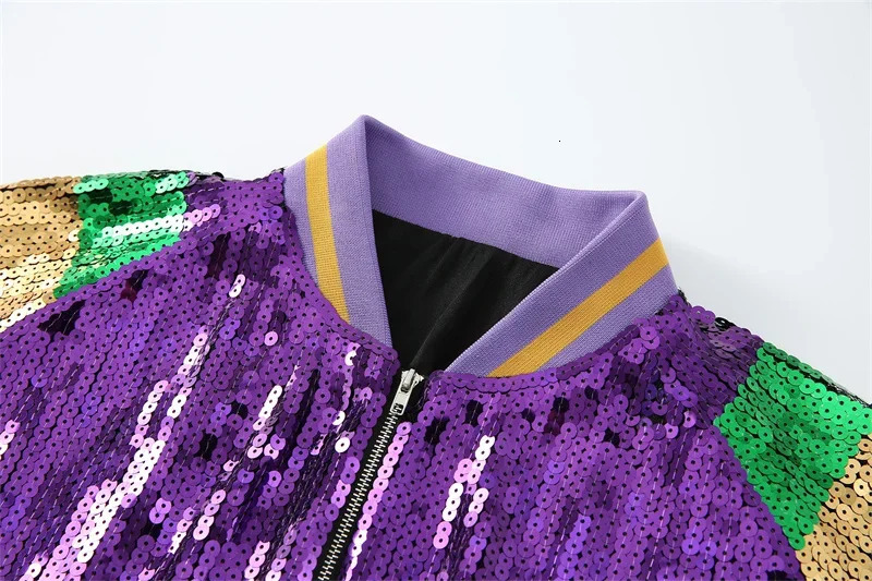 Spring And Autumn Patchwork Color Long Sleeve Round Neck Sequins Coats Loose Streetwear Zipper Hip Hop Women Jackets 250227