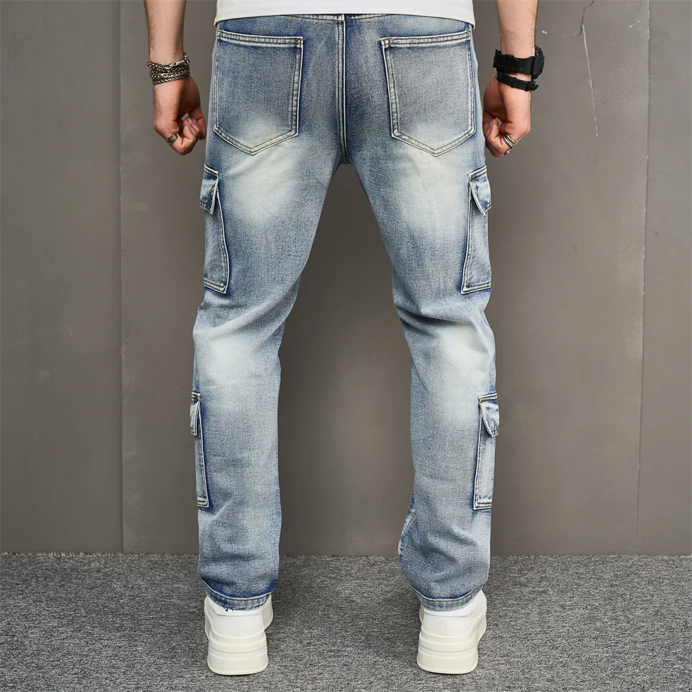 Fashionable retro multi pocket mens cargo jeans mens Trouser high-quality loose solid casual jeans 250226