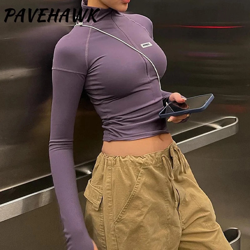 Womens Y2K Top Zipper Long Sleeve Shoulder Strap Basic Tight Tshirt Street Clothing Solid Harajuku Crop Dress 250226
