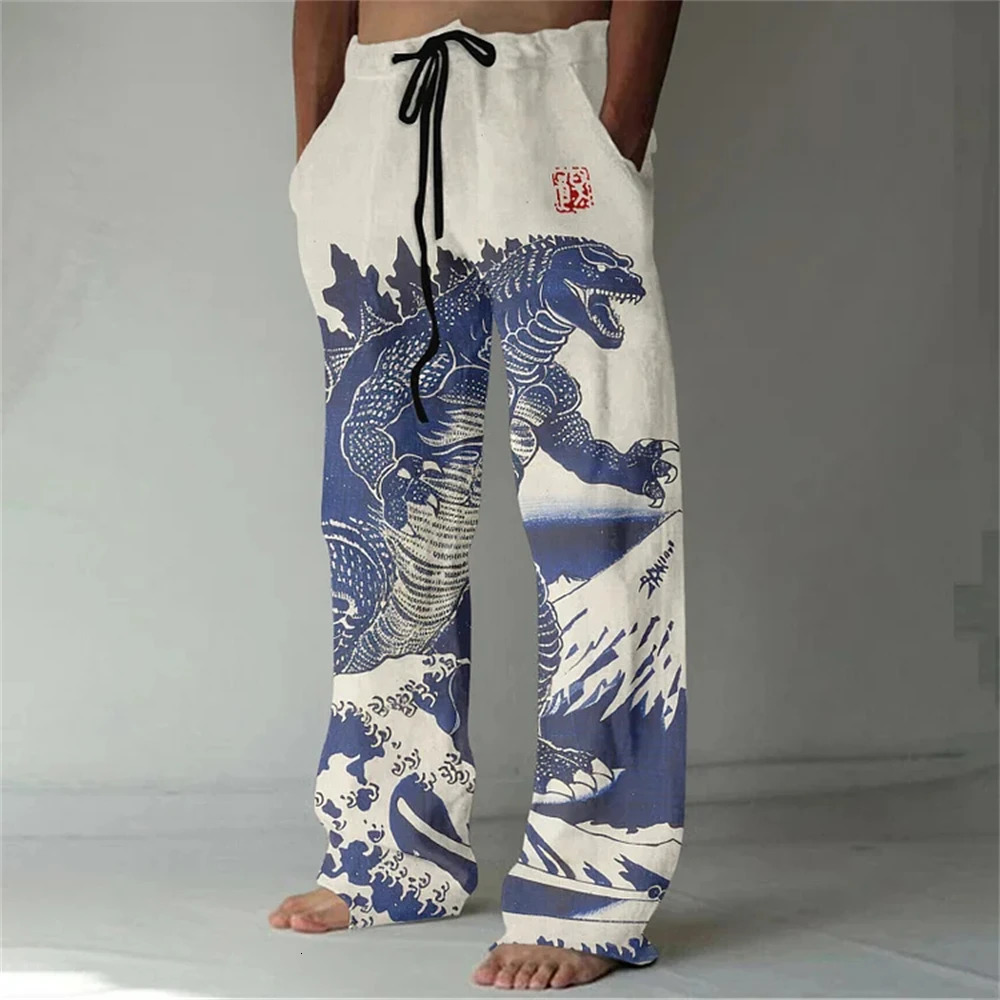 Roaring Monster Cat Art Printed Loose Pants Japanese Linen Blended Pocket Casual Pants Mens Street Wear 250227
