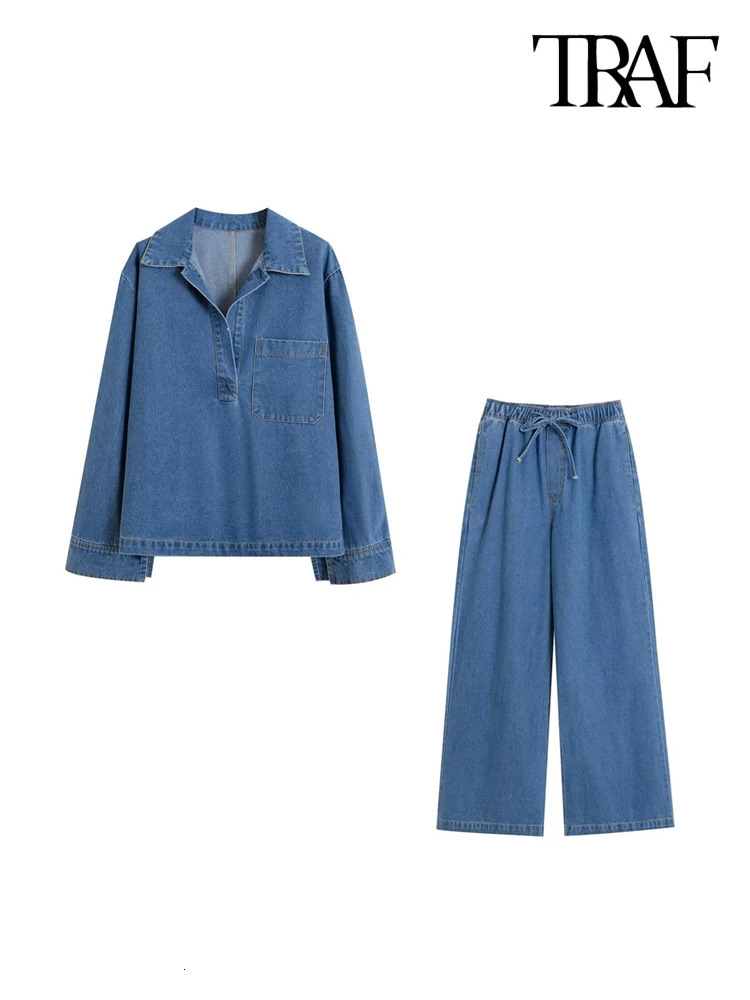 TRAF Women Fahion With Pockets Denim Loose Shirts And High Elastic Waist Drawstrings Wide Leg Pants Female Two Piece Sets 250226
