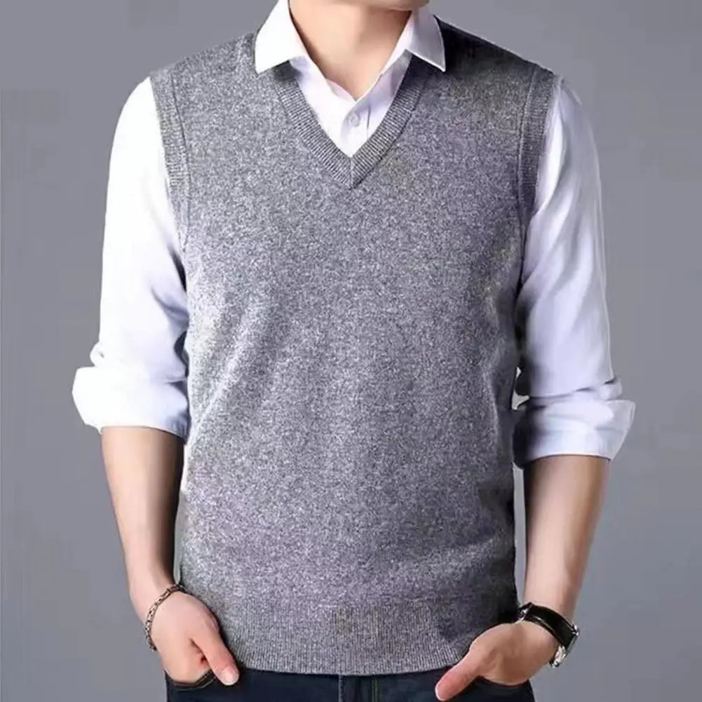 Knitted Vest Casual Versatile Midaged Mens Vneck Sweater Slim Fit Sleeveless Pullover with Ribbed 250225
