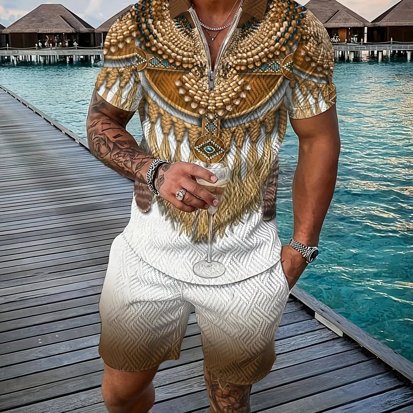 Retro national Style Totem 3D Print Mens Sweatsuit Set Summer Zipper Polo Shirt Shorts 2pcs Sets Man Clothing Tracksuit Set 250224