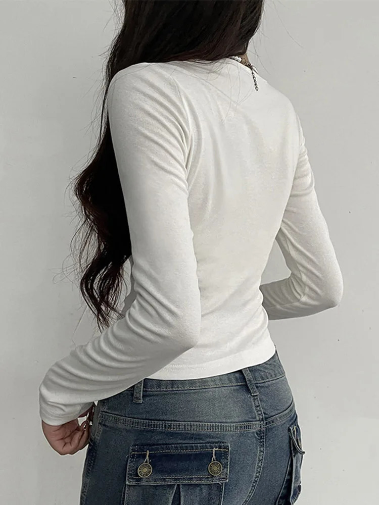 Bandage Folds Square Collar Crop Top Women Fairycore y2k White T Shirts Basic Knitted Elegant Tees Vintage 2000s Clothing 250227