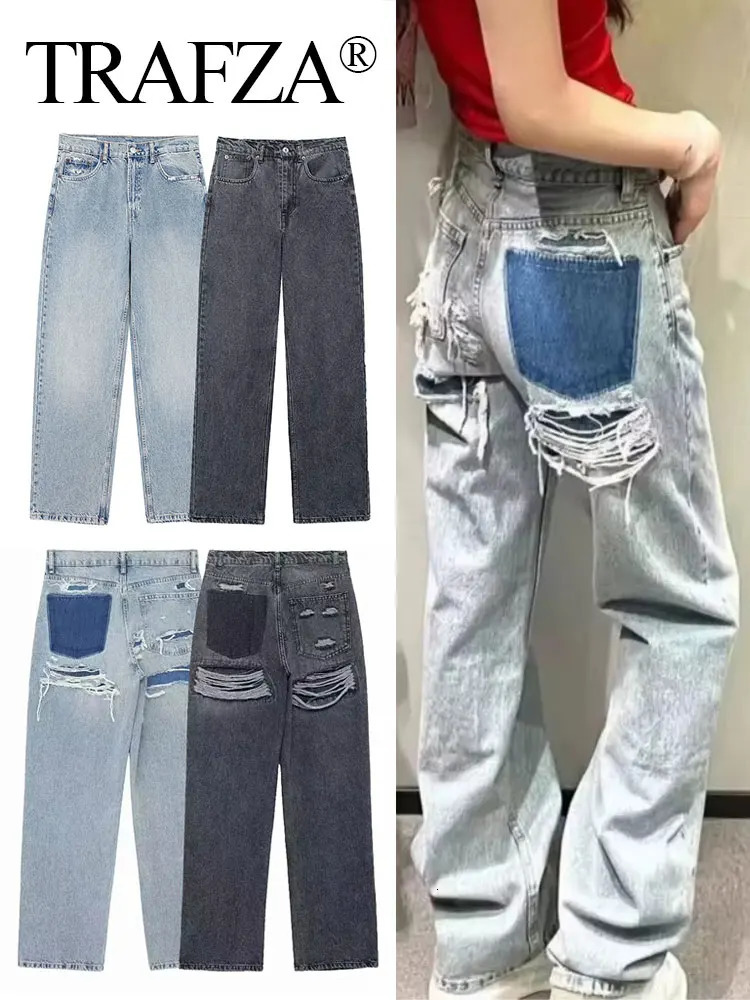 TRAFZA Jeans For Women Denim Solid Loose Zipper Fly Female Hole Trouser Pockets Wild Basic Commute Woman Wide Leg Long Pants 250226