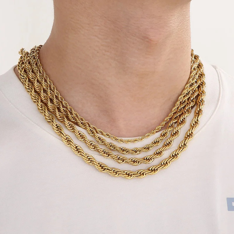 2mm-8mm Gold Color Twist Rope Chain Necklaces For Men Women Hiphop Stainless Steel Waterproof Chains Choker Necklace Jewelry 250227