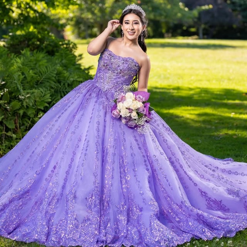 Lavender Shiny Quinceanera Dresses Ball Gown Off Shoulder Sequin Applique Lace Beads Tull Corset Sweet 16 Dress Vestidos 15 De Anos