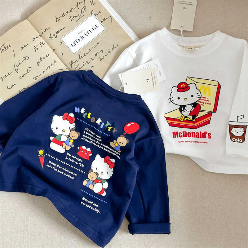 T-shirts Childrens T-shirt 2025 autumn new item for boys and girls ins cotton long sleeved T baby HELLO cat loose long sleeved base shirtY250227X9HI