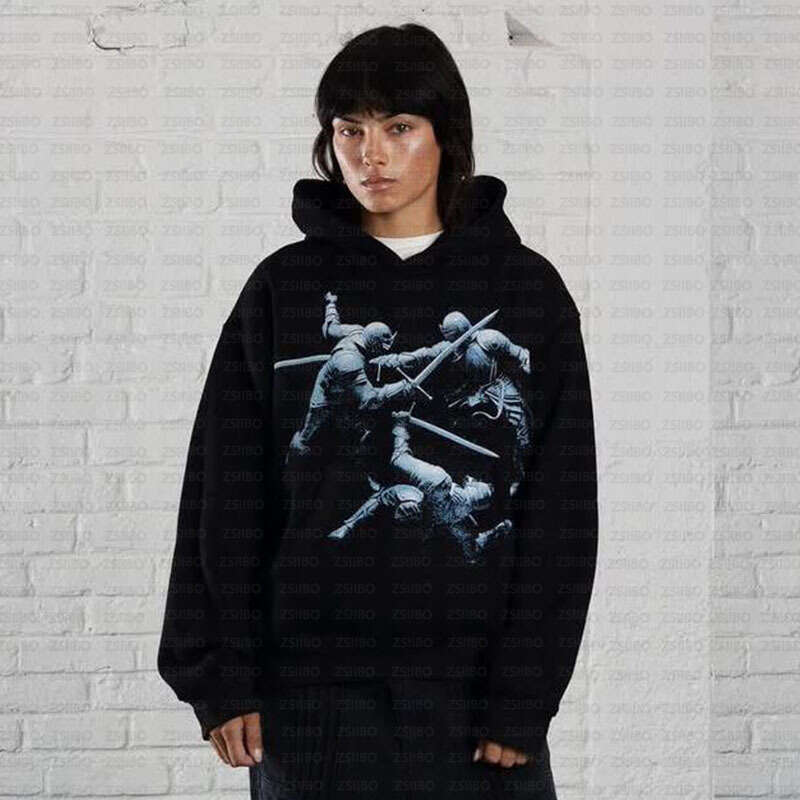 Dark personality high street trendy fencing combat printed long sleeved hoodie 2025 spring for men and women