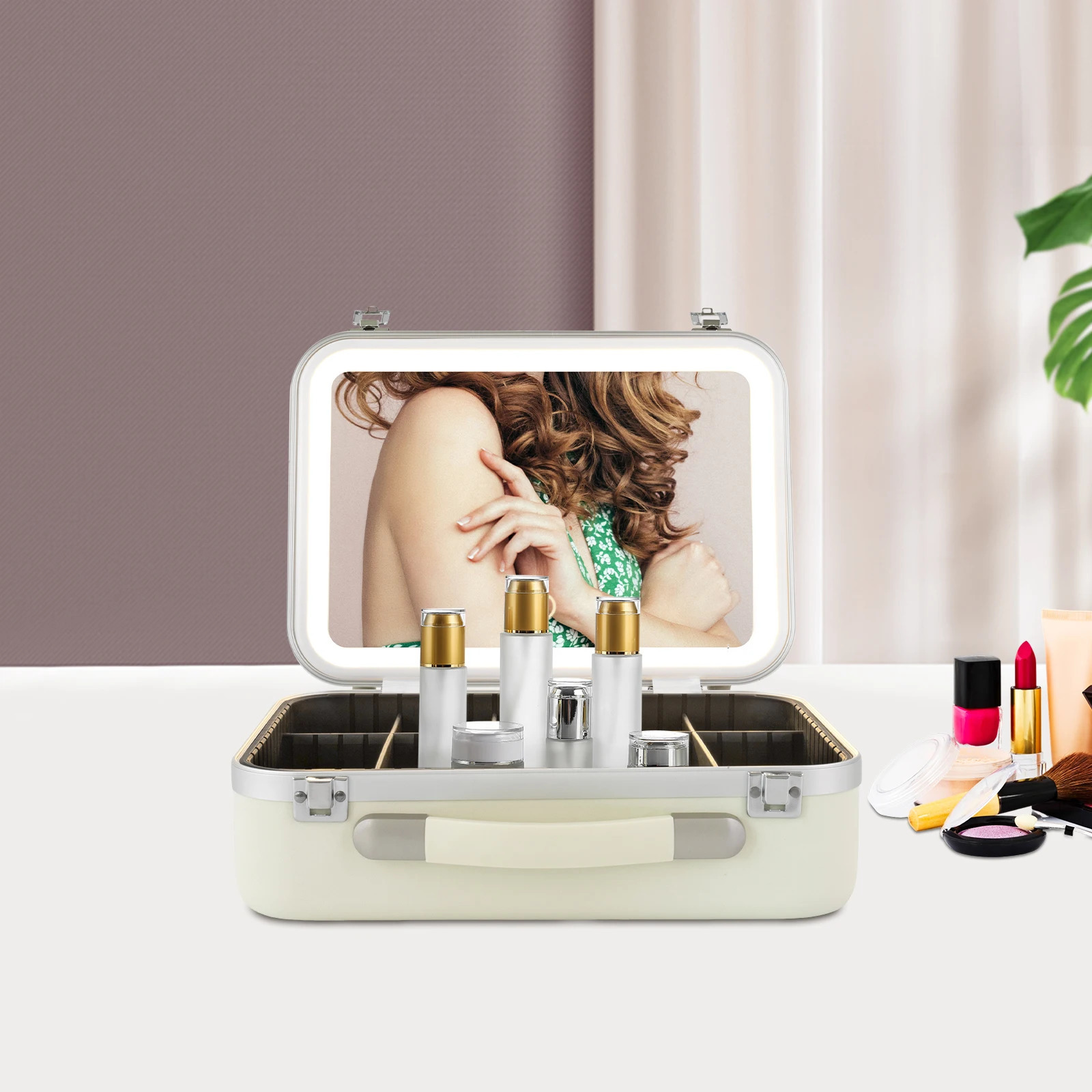 Ship from US White Makeup Organizer Box with Upgraded Halogen Light and Mirror Premium Cosmetic Storage Case 250227FBB