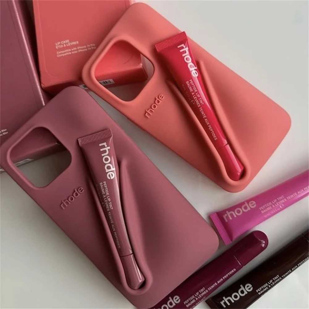 Rhode lipstick holder with lip shaped glass phone case for iPhone 13 16 15 Pro Max 11 12 14 Plus lipstick soft silicone cover Z250227