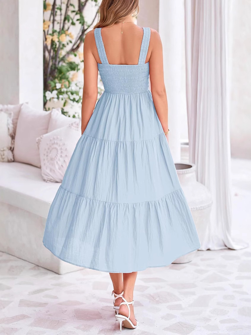 L140 Casual Dress Bohemian Sleeveless Strapless Maxi Dress Shirred Layered Summer Dress
