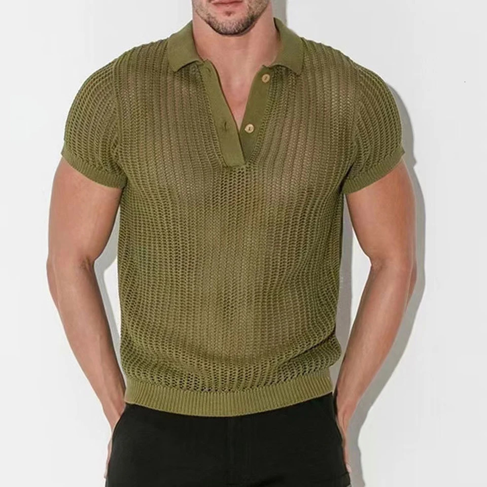 Shirt Tops V-lapel Tops Solid Color Fashion Streetwear Ribbed Knitted Sexy See Through Hollow Out Short Sleeve Shirt 250222