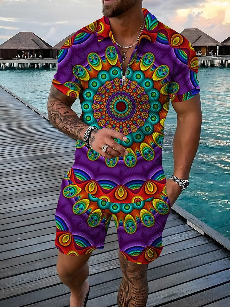 Summer pattern 3D printed mens track set casual zipper polo shirt and shorts 2-piece set fashionable streetwear mens clothing 250224