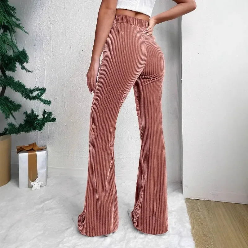 Solid Color Womens Velvet Pants Bell Bottom Flare Pants High Waist Warm Long Pants 250226
