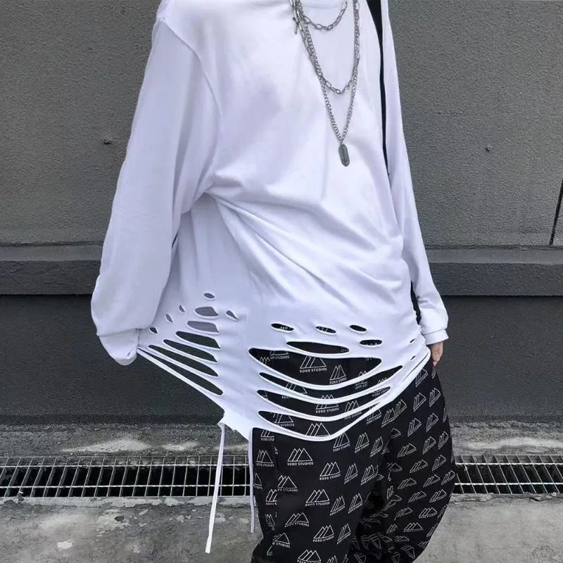 Spring Street Fashion Loose Ripped Long-sleeved Top Men Y2k Japanese and Korean Fashion Casual Classic Oversized T-shirt Women 250226