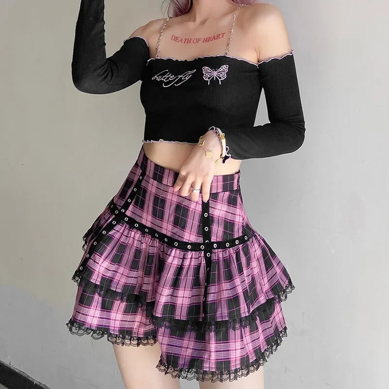 Gothic Japanese Harajuku s Purple Pink Plaid Pleated Skirt Punk Sweet Lace Kawaii Lolita Cake Mini Skirts Cosplay Costume 250224