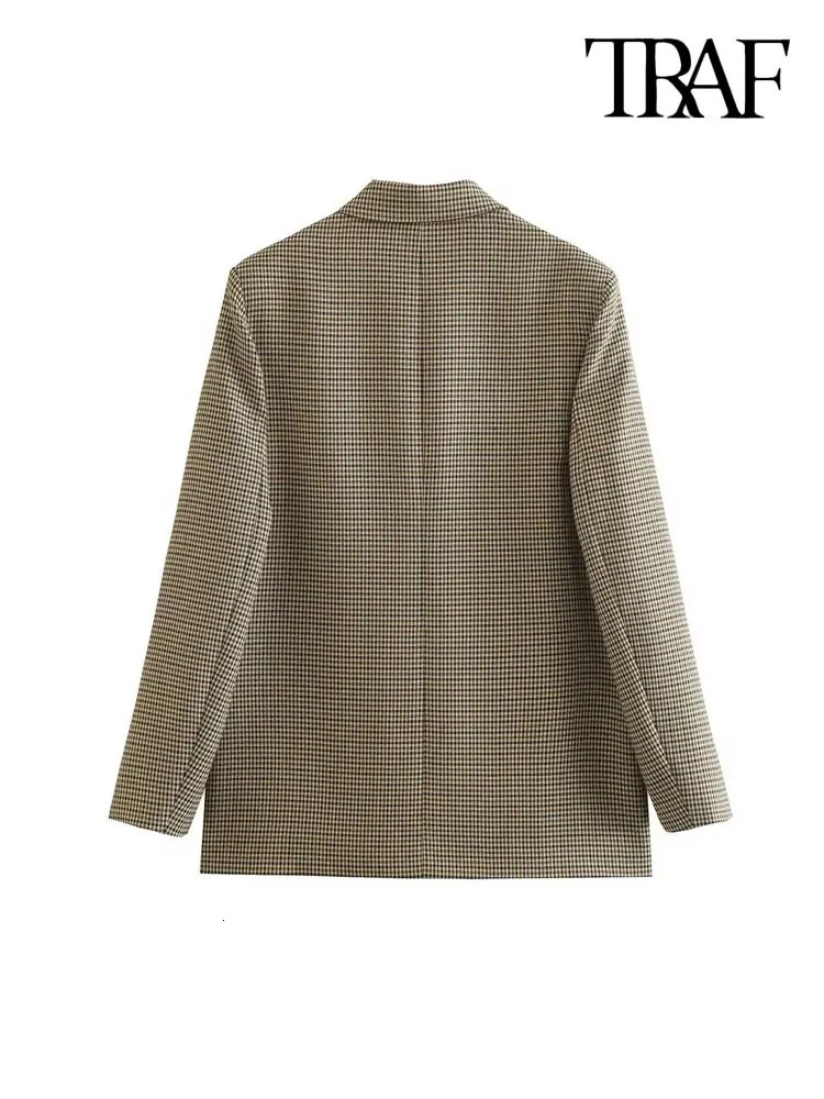 TRAF Women Fashion Double Breasted Plaid Blazer Coat Vintage Long Sleeve Flap Pockets Female Outerwear Chic Vestes Femme 250226