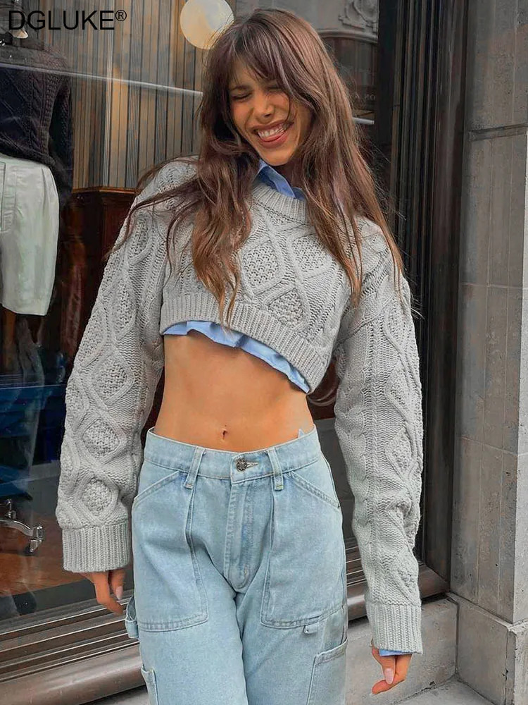 Cropped Sweater Women Long Sleeve Oversized Autumn Winter Argyle Knitted Y2K Crop Top Streetwear 250225