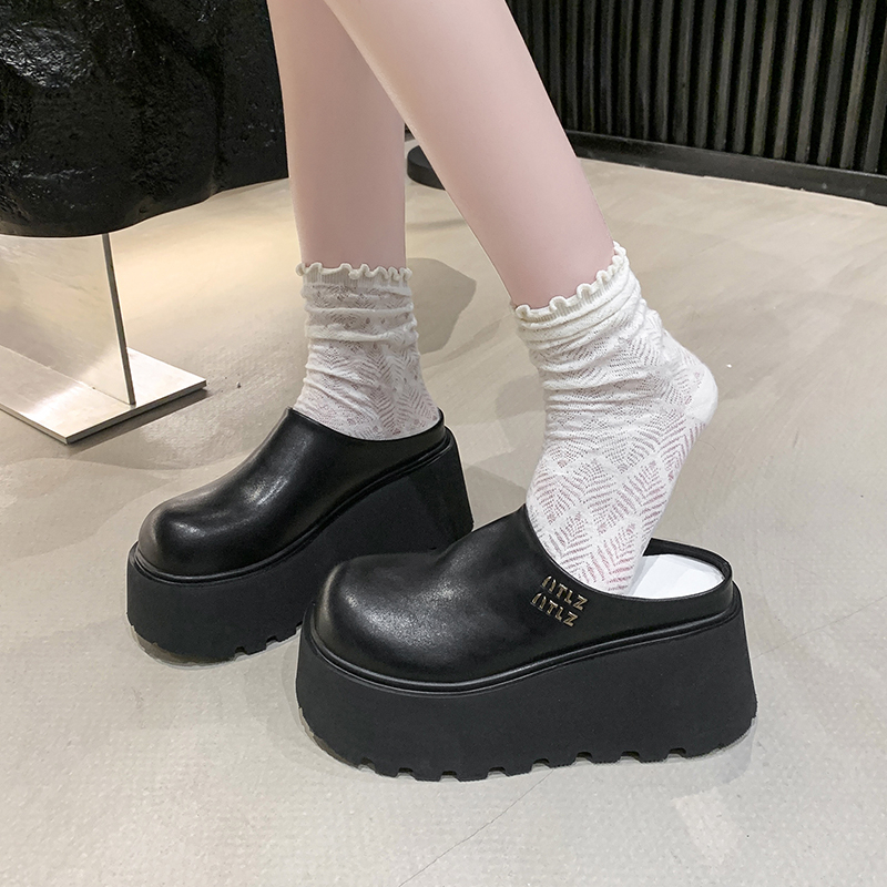2025 Summer 8CM Half Tow Height Raising Women's Shoes Platform High Heels Leather Casual Women's Slippers Fashion Outdoor Sandals Casual Str