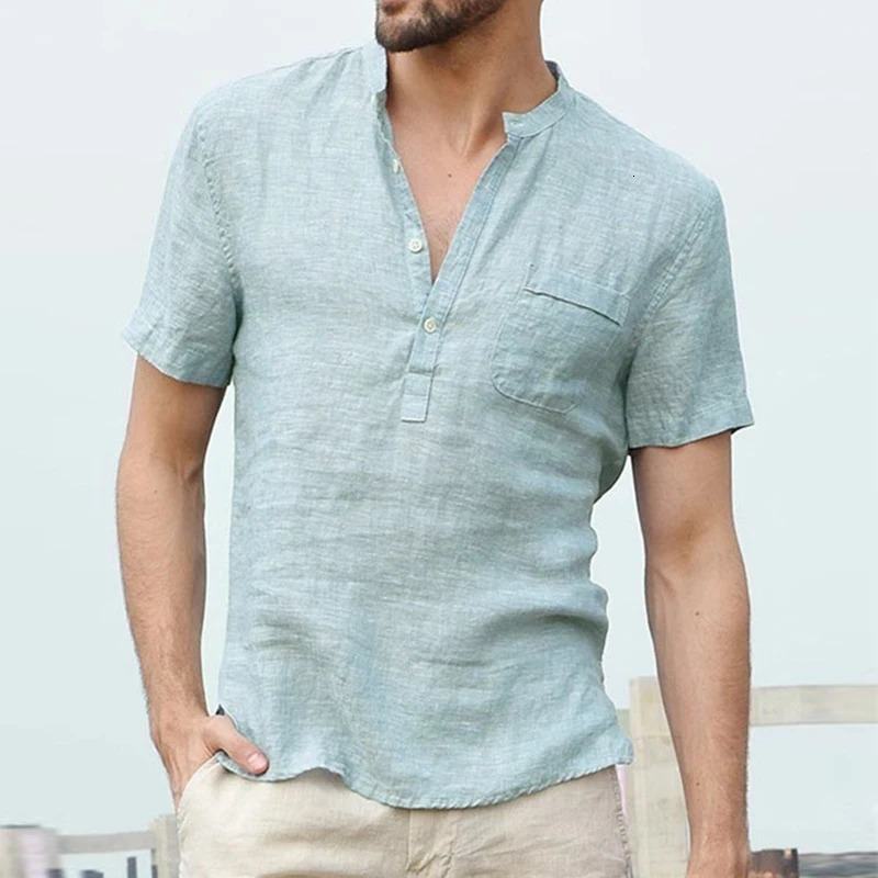 Mens Casual Hip Pop TShirt Summer ShortSleeved Linen Shirts With StandUp Collar Soild Shirt Buiness To 250226