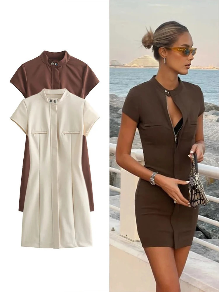 TRAFZA Women Fashion Elegant Slim Hip Dress Short Sleeve Zip Solid Color Patch Pocket Hollow Mini Dress with Stand-up Collar 250226