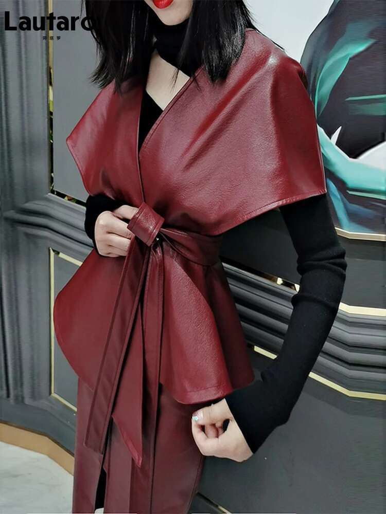 Lautaro Spring Designer Faux Leather Jacket Sashes Red Wine Cape Shawls For Women Gothic Cloak Runway Fashion 2022