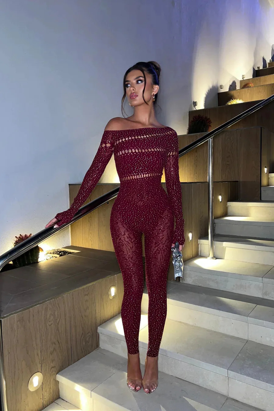 Off Shoulder Long Sleeve Jumpsuit for Women Hollow Out Slim Bodycon Rompers Fashion Streetwear Nightclub Party Overalls 250227