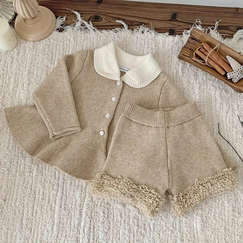 Autumn Winter Infant Baby Girls Clothing Set Long Sleeved Knitted CardiganShorts Toddler Baby Knitted Clothes Suit 250227