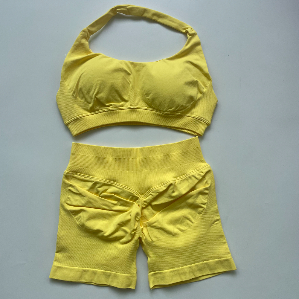 Sport 2 Pieces Seamless Yoga Set Halter Bra Top High Waist Workout Scrunch Shorts Summer Fiess Clothes Gym Suit Outfit Active Wear