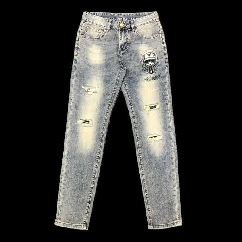 2024 Spring Autumn Casual Slim Denim Jeans for Men Full Length Pants with Patchwork Hole and Print Cowboy Designer Mens Jeans X250227