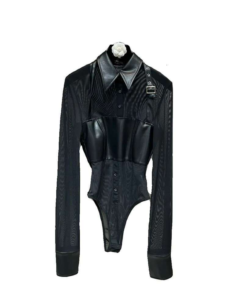 DEAT New Trendy Women's Mesh Spliced Leather Fake Two-piece Bodysuits 2025 Spring Fashion Long Sleeves Jumpsuit Female 11XX8010