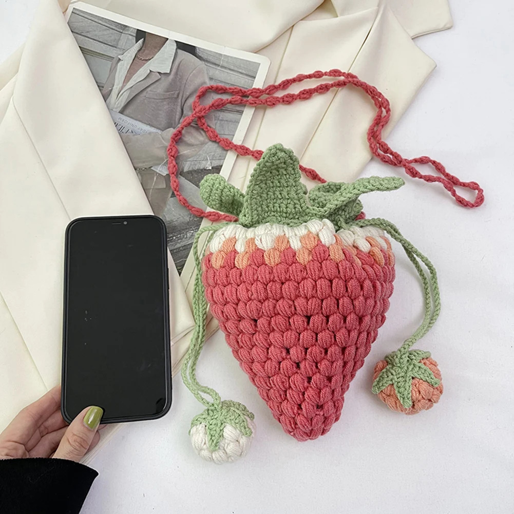 Ship from US Women Kawaii Tote Handbag Versatile Strawberry Crossbody Bag Casual Woven Satchel DIY Cartoon Crochet Bucket Purse 250227FBB