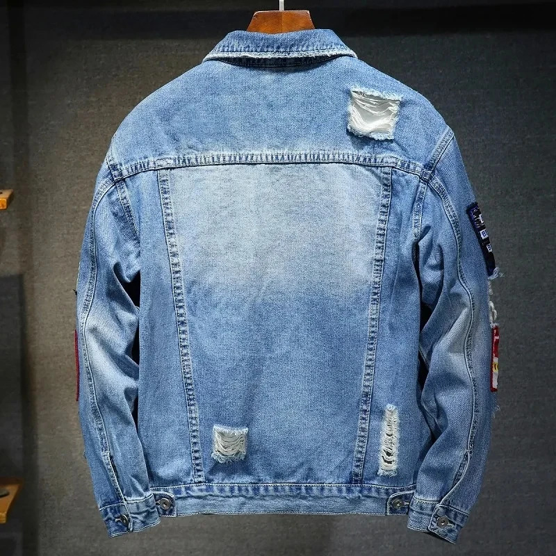 Mens denim jacket streetwear punk motorcycle torn printed denim jacket high-quality casual eyelets loose mens jeans 250225