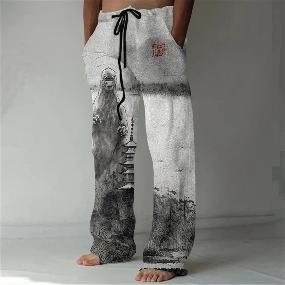 Roaring Monster Cat Art Printed Loose Pants Japanese Linen Blended Pocket Casual Pants Mens Street Wear 250227
