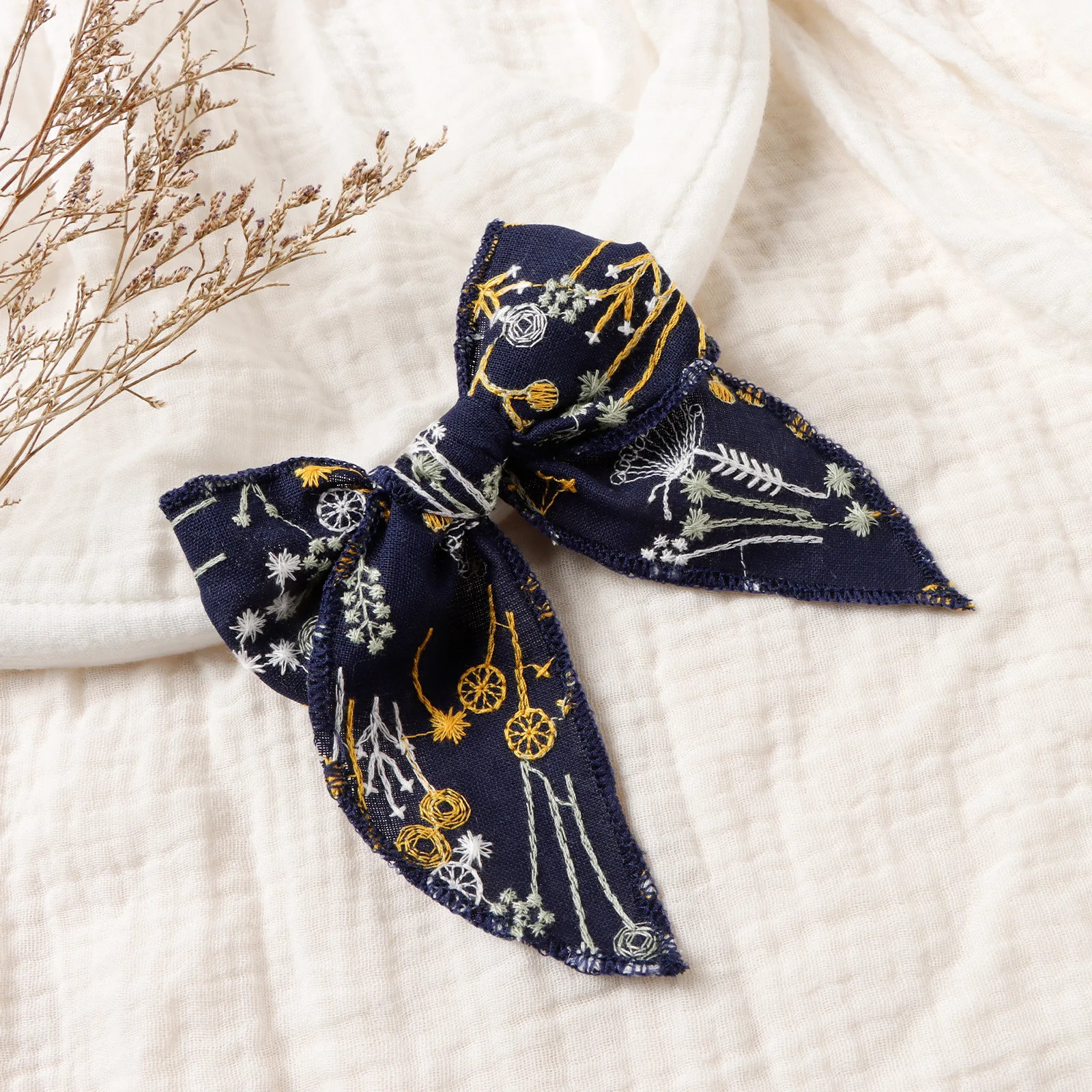12Pcs/Lot 4Inch Floral Embroidered Baby Girls Hair Bow Hair Clips Handmade Fable Bow Headband Toddler Hair Accessory 250227