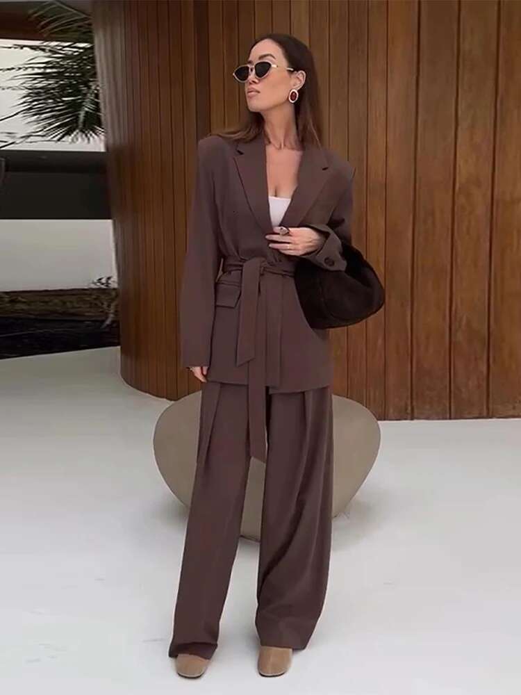 Elegant Office Women's Pant Sets Casual Turn-Down Collar Lace Up Pocket Coat High Waist Long Trousers Spring Lady Suit Commuting