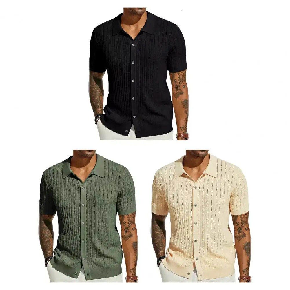 Plus Size Summer Mens Shirt Knitted Single-breasted Thin Short Sleeves Breathable Cardigan Hollow Out Mid Length Beach Shirt Top 250222