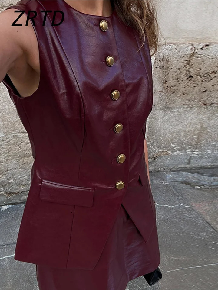 Vintage Leather Vest Mini Skirt Sets Women Slim O-neck Button Vests High Waist A-line Skirts 2025 Spring Lady Y2K Street Outfits 250226