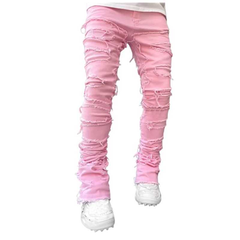 Pink Fashion Stretchy Patch Jeans Men Tassels Destroyed Ripped Broken Denim Pants High Street Y2K Patchwork Pants Male Trousers X250227