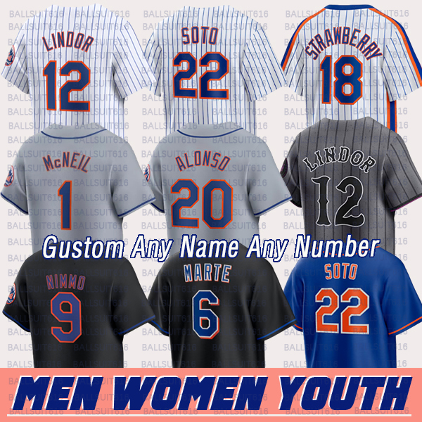 #22 Juan Soto Jersey NY Mets Jersey #12 Francisco Lindor Pete Alonso Francisco Alvarez Kodai Senga Edwin Diaz Brett Baty Drew Gilbert Ronald Hernandez Baseball Jerseys