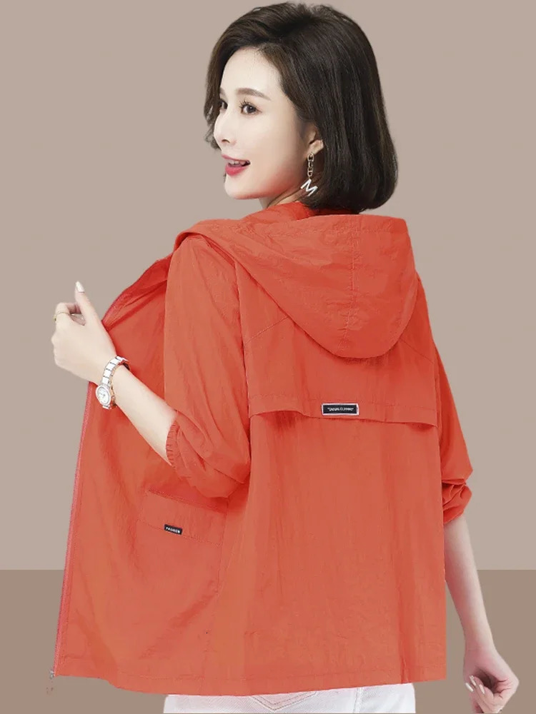 Womens summer thin solid color jacket womens sun protection hooded loose UV Z894 250227