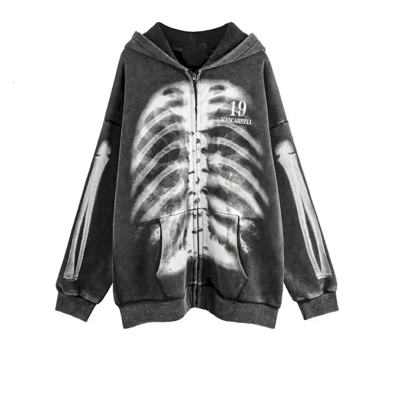 Super Dalian Hoodie Womens Washed Old Skeleton Printed Mens Retro Zipper Open Collar Y2k Clothing 250226