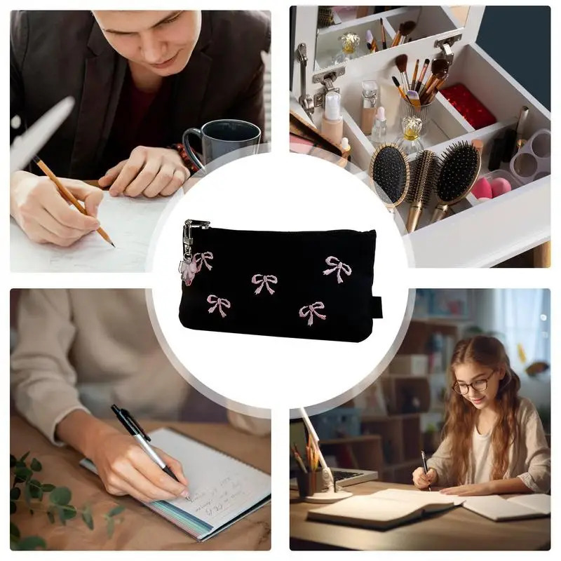 Ship from US Canvas Cute Bow Embroidered Bag Bowknot Pencil Case Cosmetics Lovely Pencilcase Large Capacity School Supplie 250227FBB