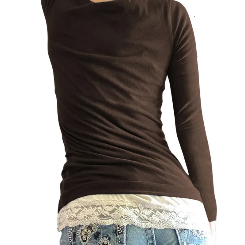 Womens y2k Tshirts Spring Autumn 90s Vintage Clothes Slim Lace Patchwork Sweet Long Sleeve Tops Female Clothing Streetwear 250226